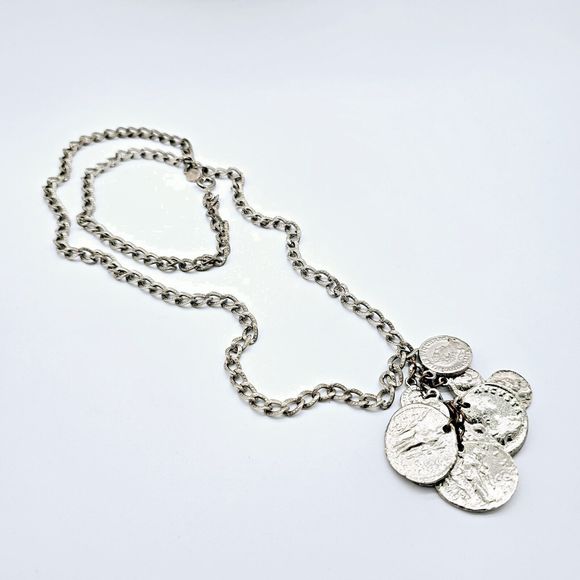 Accessocraft NYC Coin Necklace Vtg Old World Roman Textured Links Dangle Charm - Picture 7 of 11